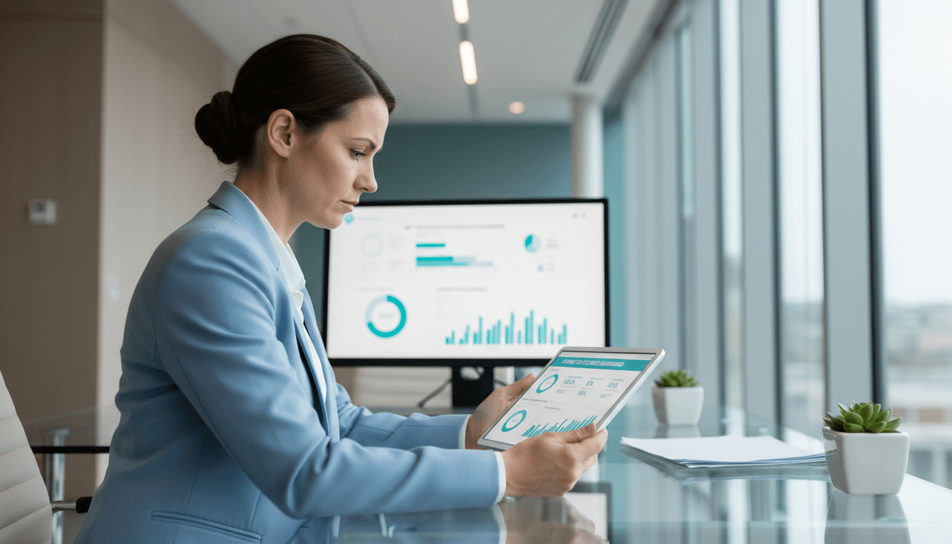 Healthcare consultant reviewing patient outcome metrics on tablet