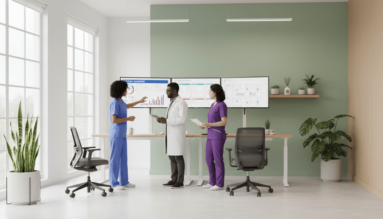 Healthcare consultants reviewing digital dashboards and operational metrics in a professional Houston office environment